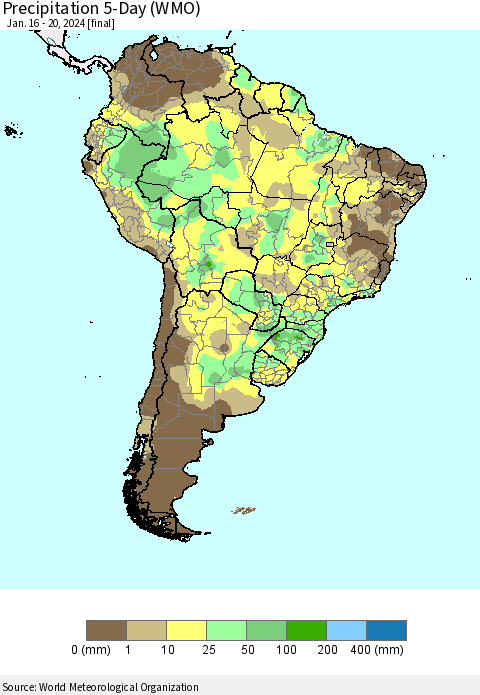 South America Precipitation 5-Day (WMO) Thematic Map For 1/16/2024 - 1/20/2024