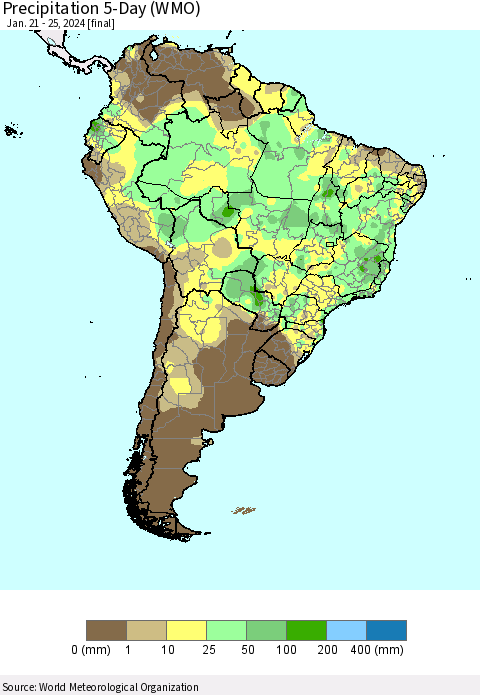 South America Precipitation 5-Day (WMO) Thematic Map For 1/21/2024 - 1/25/2024