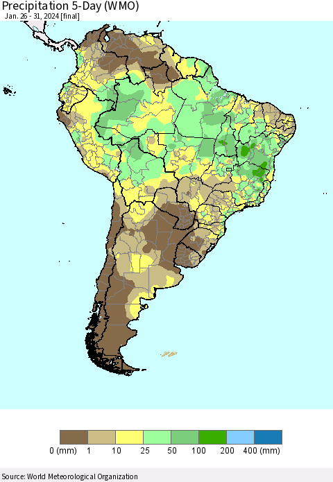South America Precipitation 5-Day (WMO) Thematic Map For 1/26/2024 - 1/31/2024