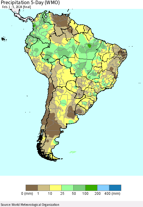 South America Precipitation 5-Day (WMO) Thematic Map For 2/1/2024 - 2/5/2024