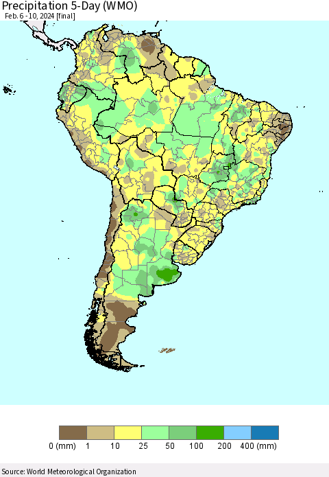 South America Precipitation 5-Day (WMO) Thematic Map For 2/6/2024 - 2/10/2024