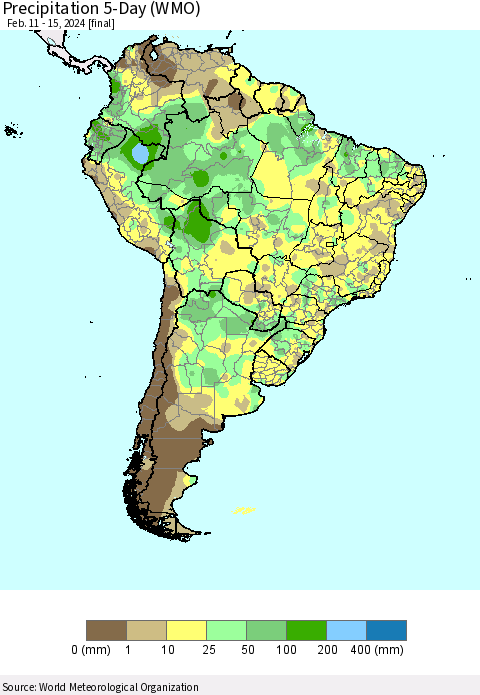 South America Precipitation 5-Day (WMO) Thematic Map For 2/11/2024 - 2/15/2024
