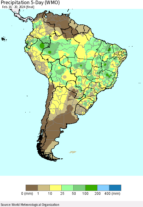 South America Precipitation 5-Day (WMO) Thematic Map For 2/16/2024 - 2/20/2024