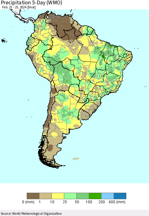 South America Precipitation 5-Day (WMO) Thematic Map For 2/21/2024 - 2/25/2024