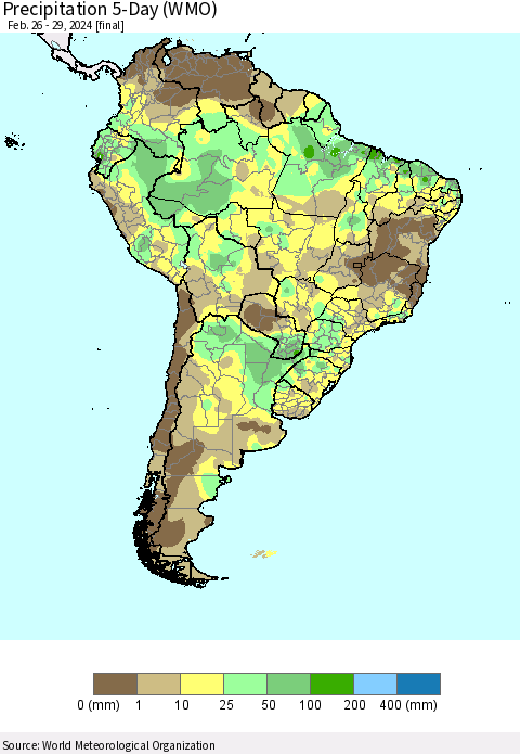 South America Precipitation 5-Day (WMO) Thematic Map For 2/26/2024 - 2/29/2024