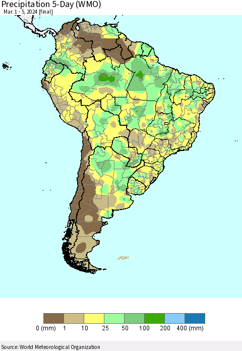 South America Precipitation 5-Day (WMO) Thematic Map For 3/1/2024 - 3/5/2024