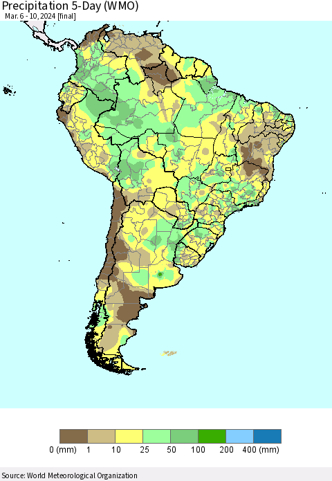 South America Precipitation 5-Day (WMO) Thematic Map For 3/6/2024 - 3/10/2024