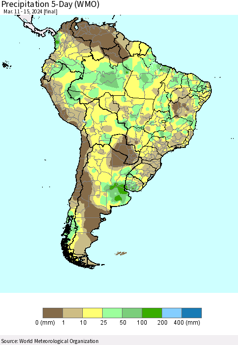 South America Precipitation 5-Day (WMO) Thematic Map For 3/11/2024 - 3/15/2024