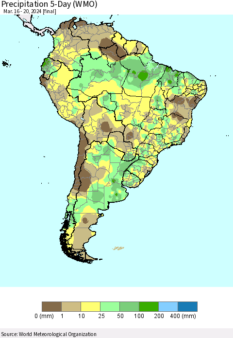 South America Precipitation 5-Day (WMO) Thematic Map For 3/16/2024 - 3/20/2024