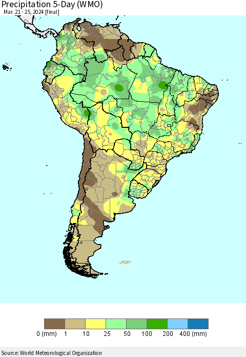 South America Precipitation 5-Day (WMO) Thematic Map For 3/21/2024 - 3/25/2024