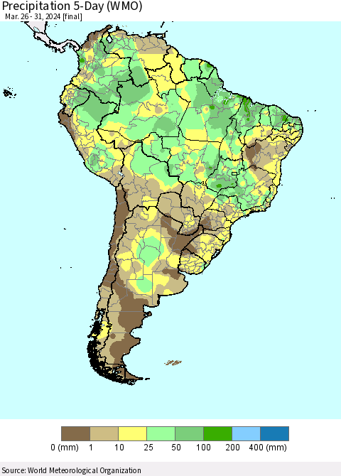 South America Precipitation 5-Day (WMO) Thematic Map For 3/26/2024 - 3/31/2024
