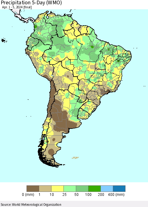 South America Precipitation 5-Day (WMO) Thematic Map For 4/1/2024 - 4/5/2024