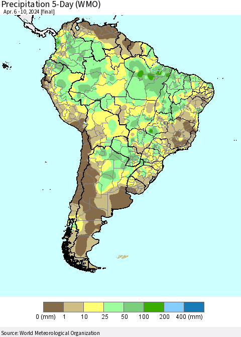 South America Precipitation 5-Day (WMO) Thematic Map For 4/6/2024 - 4/10/2024