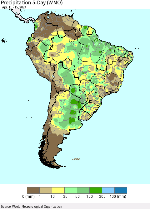 South America Precipitation 5-Day (WMO) Thematic Map For 4/11/2024 - 4/15/2024