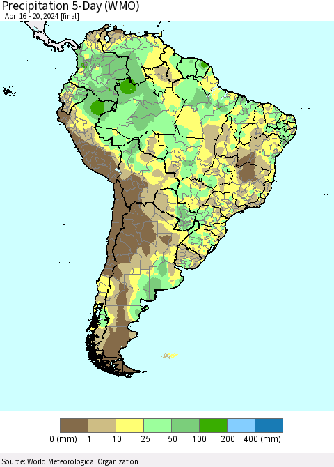 South America Precipitation 5-Day (WMO) Thematic Map For 4/16/2024 - 4/20/2024