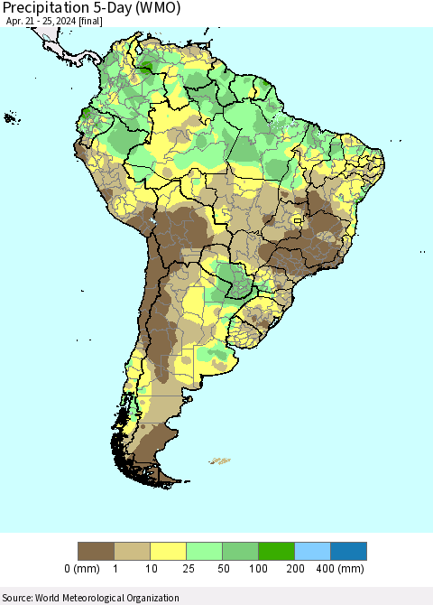 South America Precipitation 5-Day (WMO) Thematic Map For 4/21/2024 - 4/25/2024