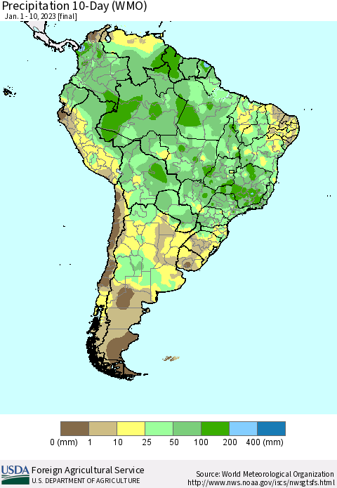South America Precipitation 10-Day (WMO) Thematic Map For 1/1/2023 - 1/10/2023