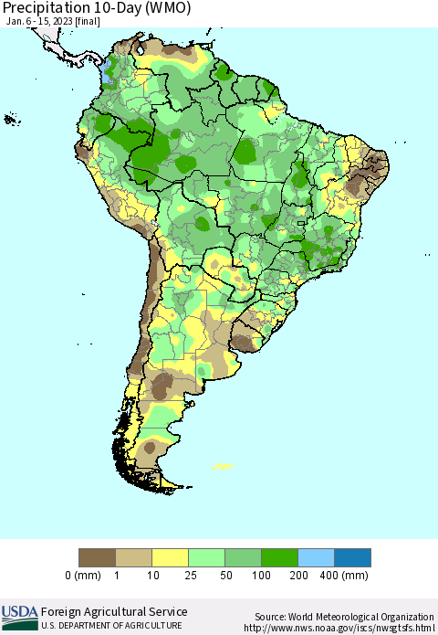 South America Precipitation 10-Day (WMO) Thematic Map For 1/6/2023 - 1/15/2023
