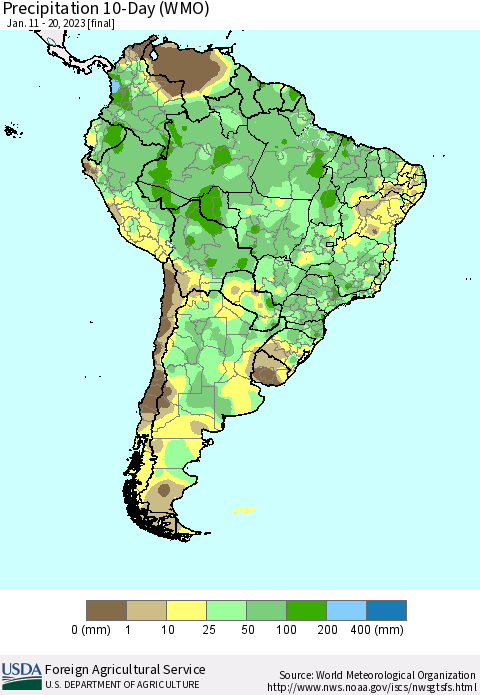 South America Precipitation 10-Day (WMO) Thematic Map For 1/11/2023 - 1/20/2023