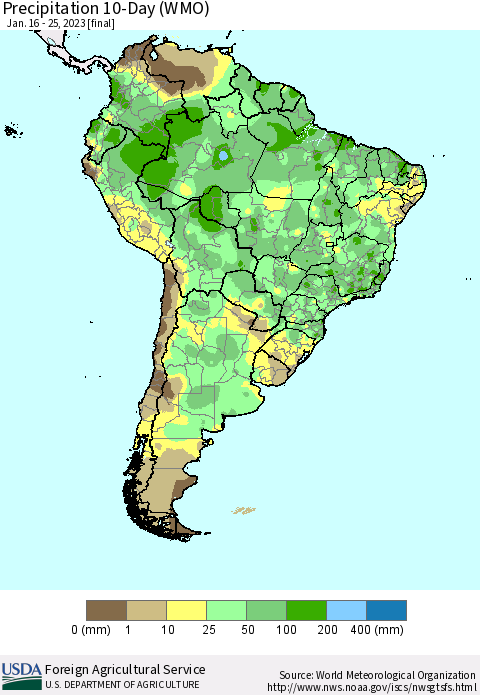 South America Precipitation 10-Day (WMO) Thematic Map For 1/16/2023 - 1/25/2023