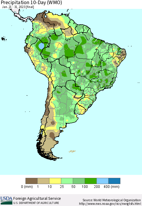 South America Precipitation 10-Day (WMO) Thematic Map For 1/21/2023 - 1/31/2023