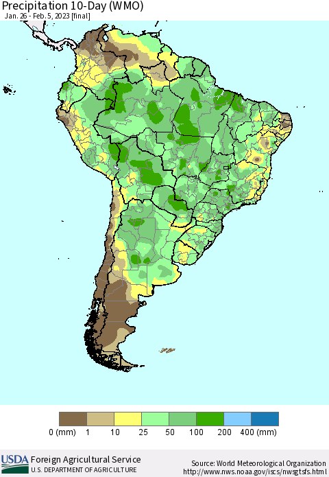 South America Precipitation 10-Day (WMO) Thematic Map For 1/26/2023 - 2/5/2023
