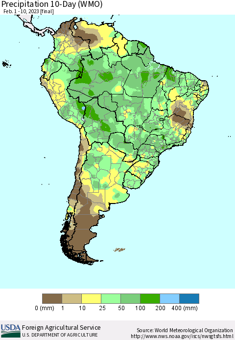 South America Precipitation 10-Day (WMO) Thematic Map For 2/1/2023 - 2/10/2023