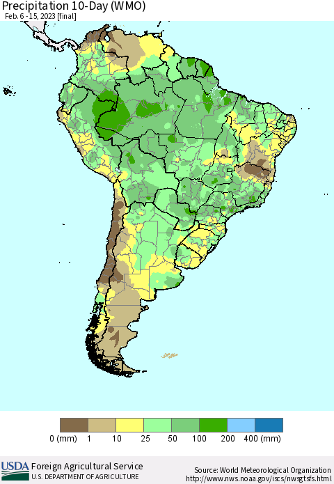 South America Precipitation 10-Day (WMO) Thematic Map For 2/6/2023 - 2/15/2023