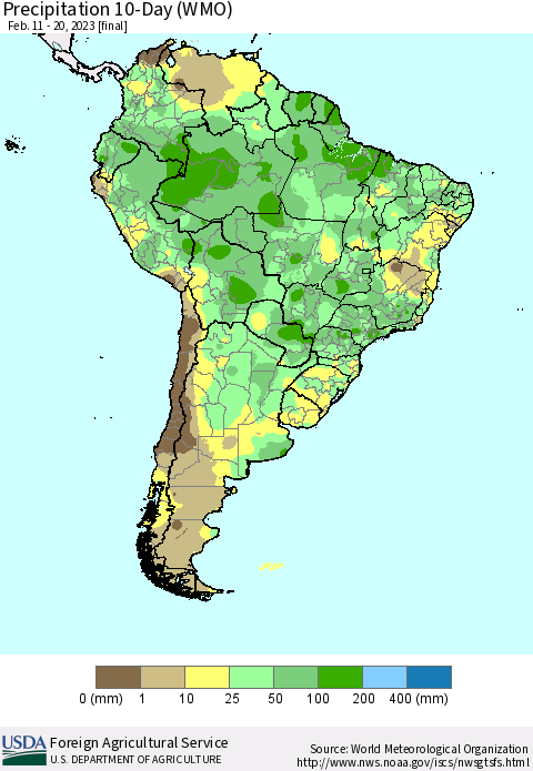 South America Precipitation 10-Day (WMO) Thematic Map For 2/11/2023 - 2/20/2023