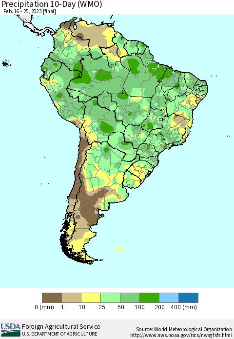 South America Precipitation 10-Day (WMO) Thematic Map For 2/16/2023 - 2/25/2023