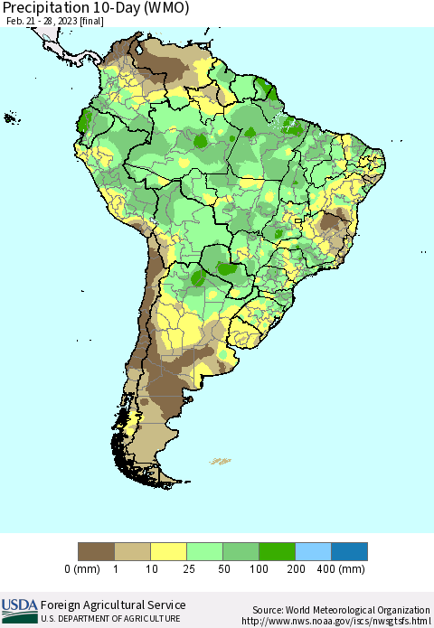 South America Precipitation 10-Day (WMO) Thematic Map For 2/21/2023 - 2/28/2023