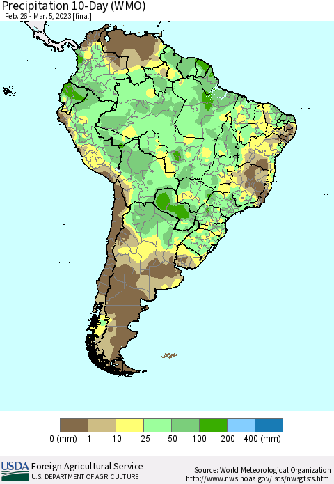 South America Precipitation 10-Day (WMO) Thematic Map For 2/26/2023 - 3/5/2023