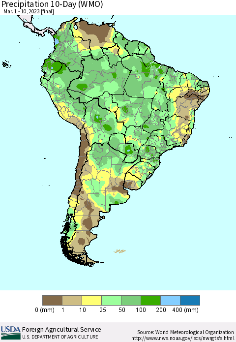 South America Precipitation 10-Day (WMO) Thematic Map For 3/1/2023 - 3/10/2023