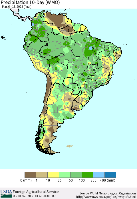 South America Precipitation 10-Day (WMO) Thematic Map For 3/6/2023 - 3/15/2023