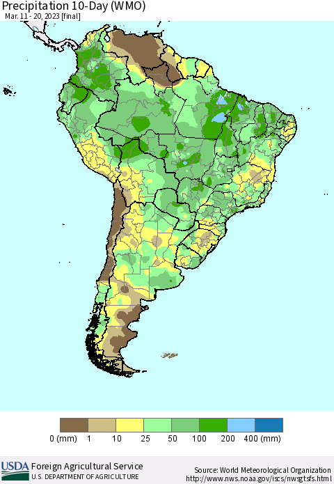 South America Precipitation 10-Day (WMO) Thematic Map For 3/11/2023 - 3/20/2023