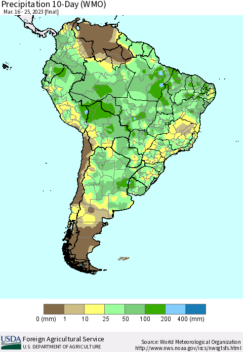 South America Precipitation 10-Day (WMO) Thematic Map For 3/16/2023 - 3/25/2023
