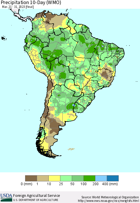 South America Precipitation 10-Day (WMO) Thematic Map For 3/21/2023 - 3/31/2023