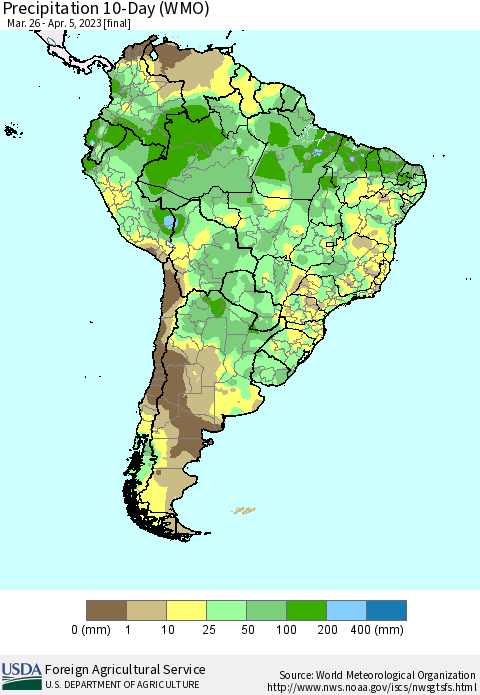 South America Precipitation 10-Day (WMO) Thematic Map For 3/26/2023 - 4/5/2023