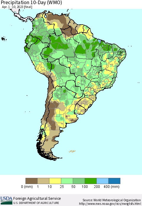 South America Precipitation 10-Day (WMO) Thematic Map For 4/1/2023 - 4/10/2023