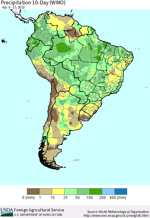 South America Precipitation 10-Day (WMO) Thematic Map For 4/6/2023 - 4/15/2023