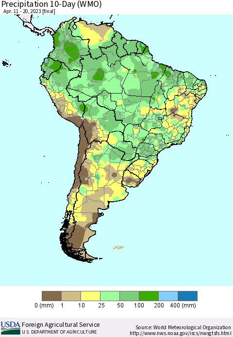South America Precipitation 10-Day (WMO) Thematic Map For 4/11/2023 - 4/20/2023