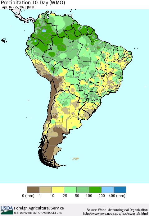 South America Precipitation 10-Day (WMO) Thematic Map For 4/16/2023 - 4/25/2023