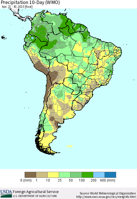 South America Precipitation 10-Day (WMO) Thematic Map For 4/21/2023 - 4/30/2023