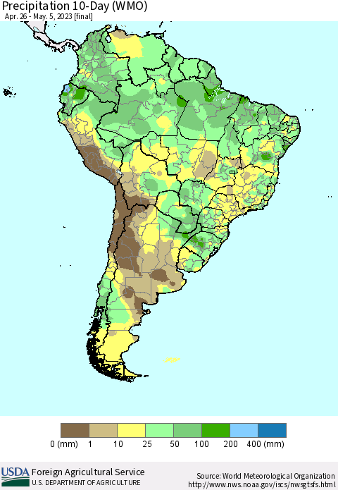 South America Precipitation 10-Day (WMO) Thematic Map For 4/26/2023 - 5/5/2023