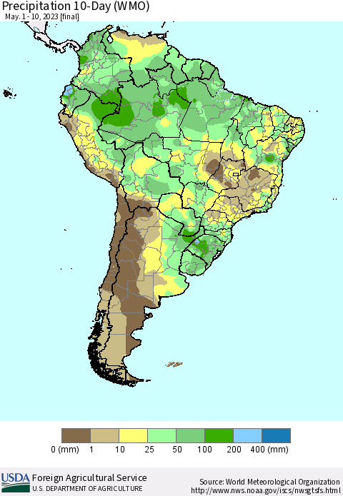 South America Precipitation 10-Day (WMO) Thematic Map For 5/1/2023 - 5/10/2023