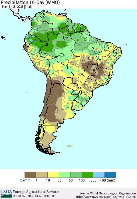 South America Precipitation 10-Day (WMO) Thematic Map For 5/6/2023 - 5/15/2023