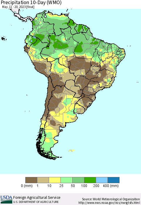 South America Precipitation 10-Day (WMO) Thematic Map For 5/11/2023 - 5/20/2023