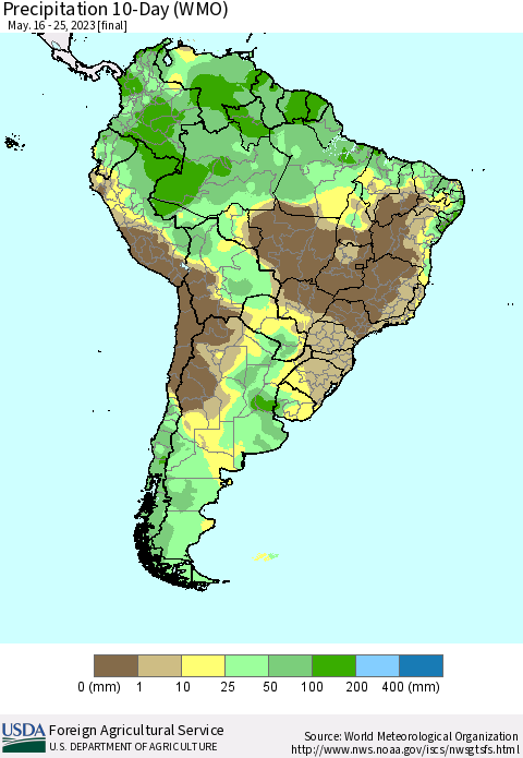 South America Precipitation 10-Day (WMO) Thematic Map For 5/16/2023 - 5/25/2023