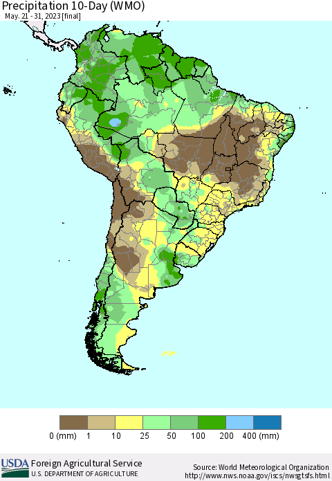 South America Precipitation 10-Day (WMO) Thematic Map For 5/21/2023 - 5/31/2023