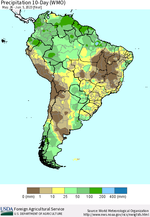 South America Precipitation 10-Day (WMO) Thematic Map For 5/26/2023 - 6/5/2023